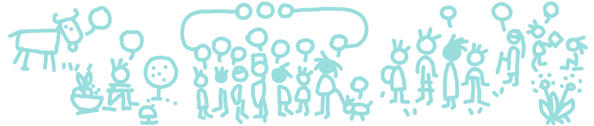 A sketch of people and more than people sharing stories and experiences